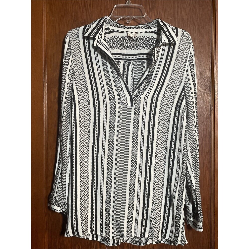 Keep In Touch Boho Cottage Core Striped Black White Top Long Sleeve Womens M